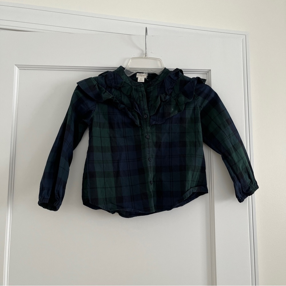 Crewcuts Plaid Ruffle Kids Shirt - Green and Blue 6-7 Like New